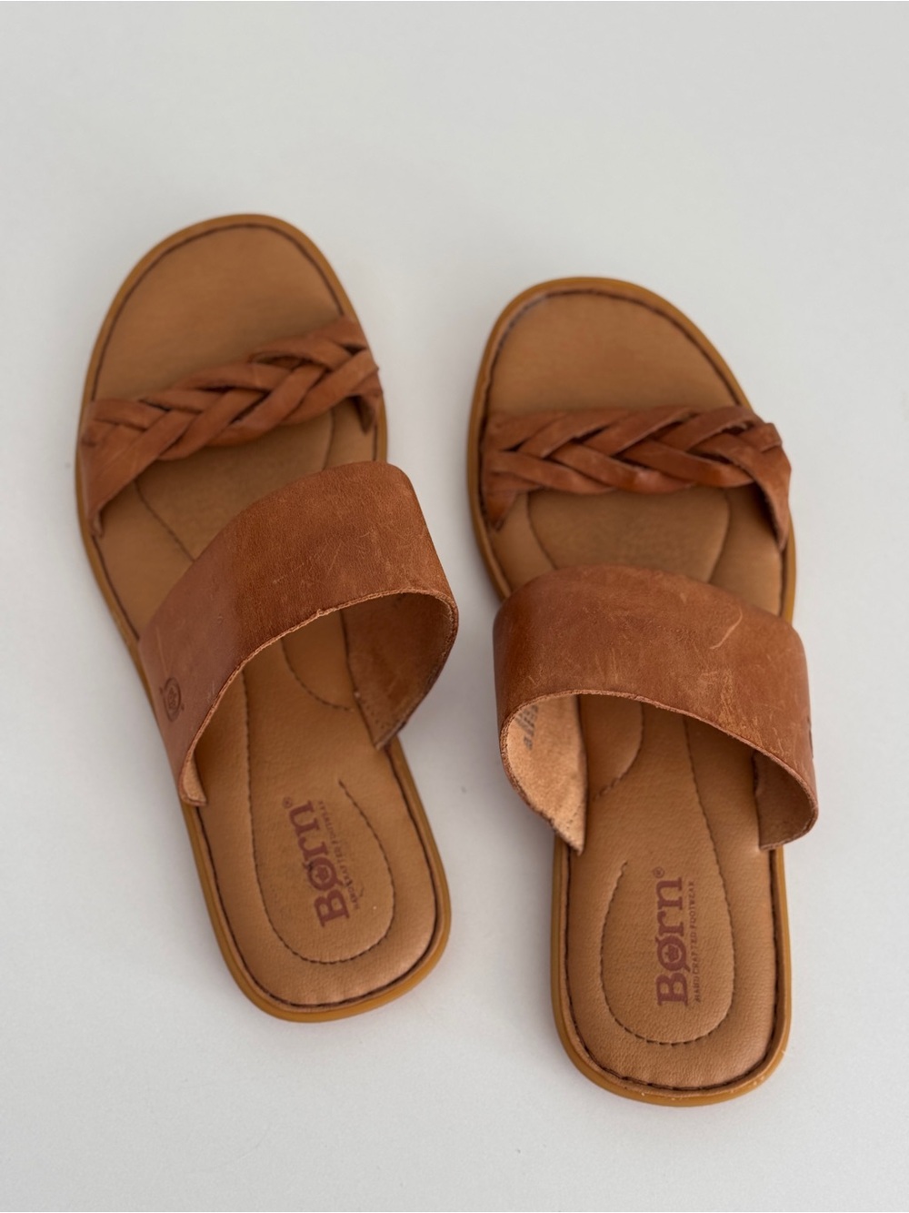 Born Cognac Leather Slide Sandal with Braided Toe Strap